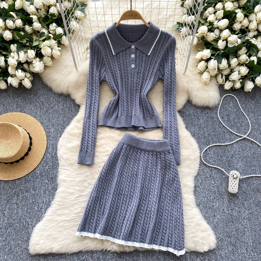 Lapeled Knitwear&Skirt Tweed 2Pcs