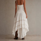 White Lace Corset Spaghetti Strap Maxi Dress Women Boho High Low Ruffle Maxi Dress