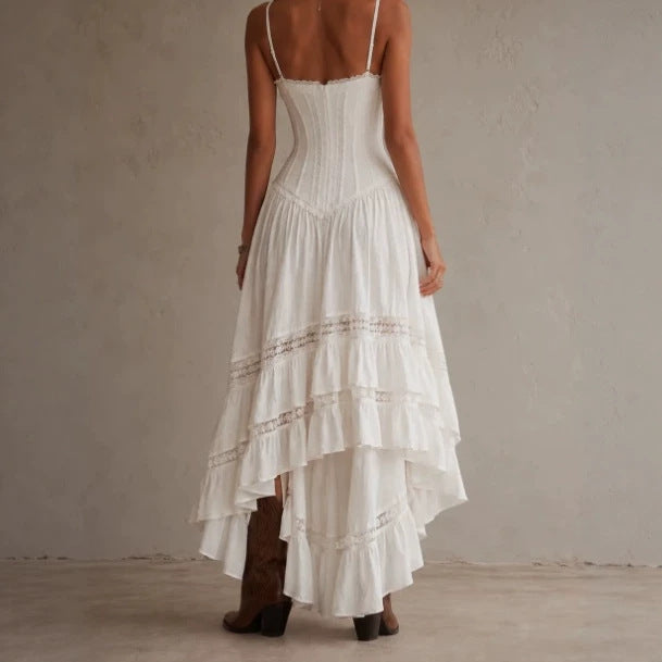 White Lace Corset Spaghetti Strap Maxi Dress Women Boho High Low Ruffle Maxi Dress