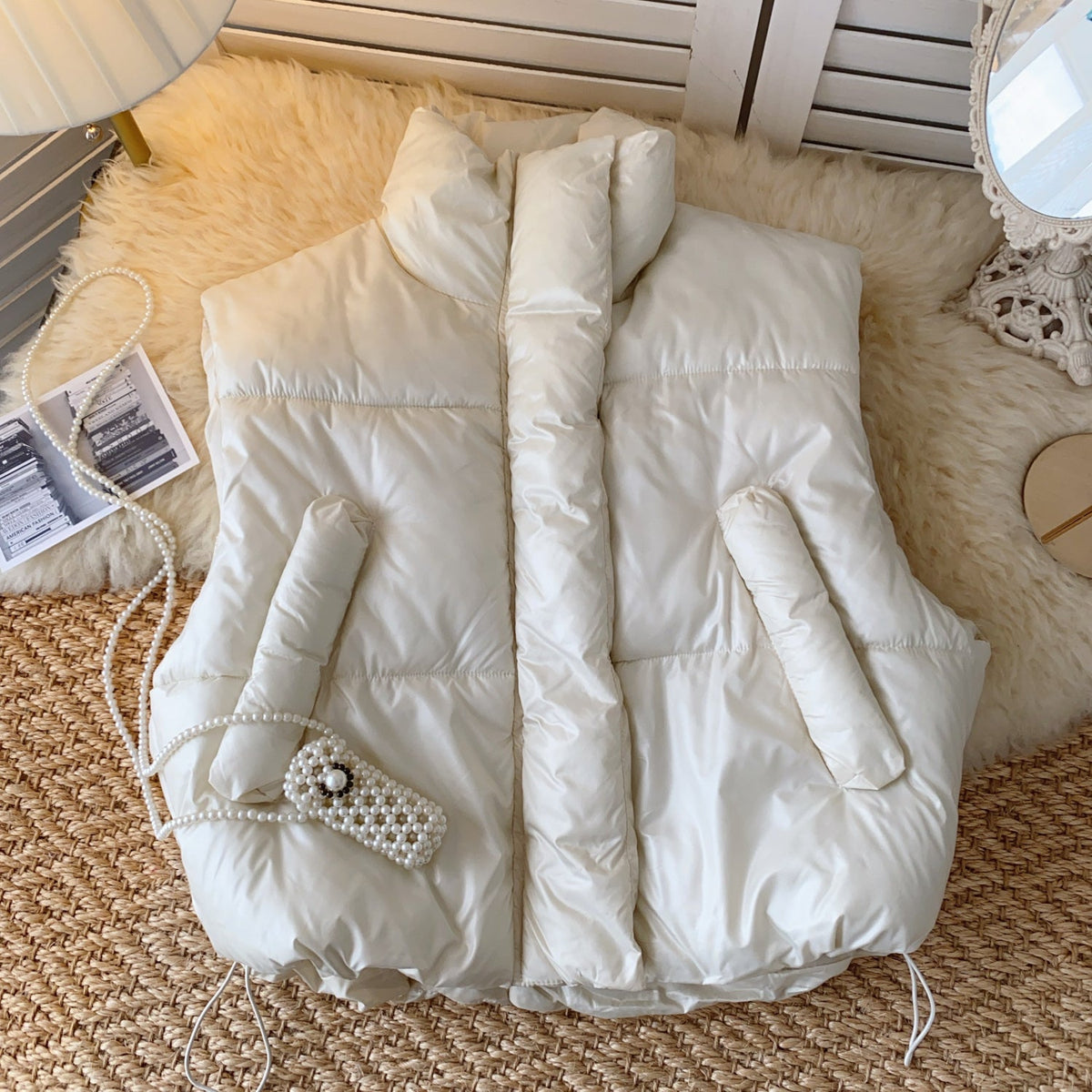 Stand Collar Zipped Cotton Vest Jacket