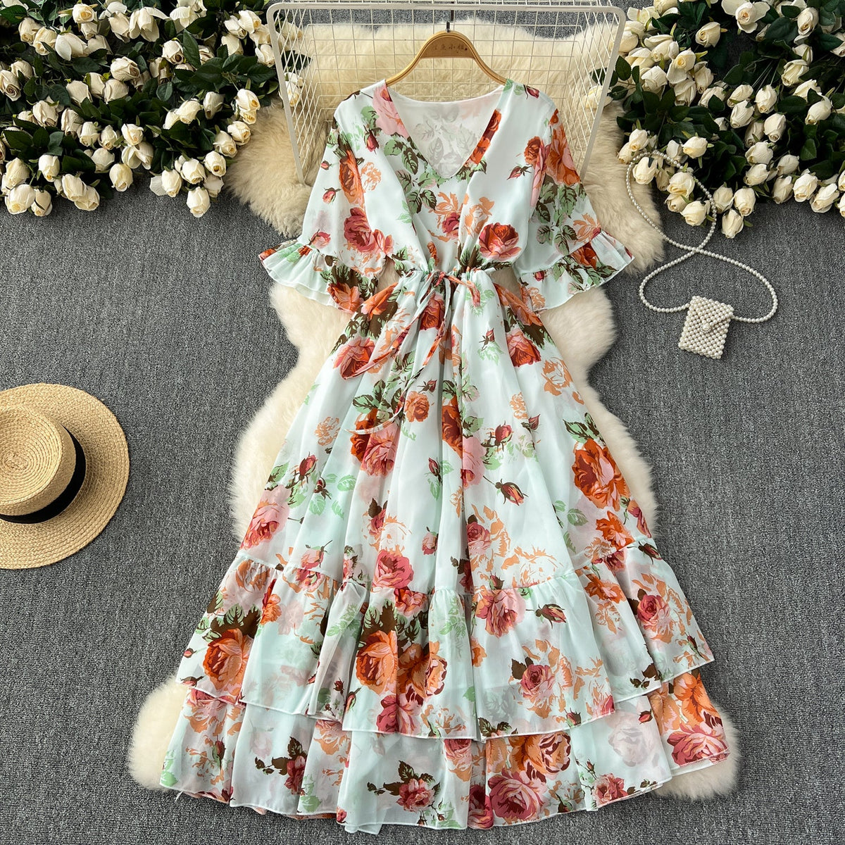 Vintage Lace-up Pleated Floral Dress