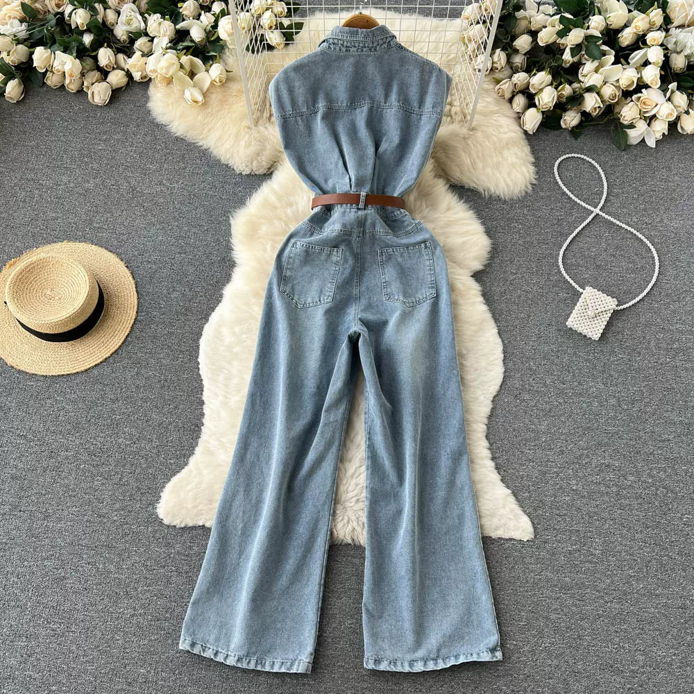Polo Collar Sleeveless Denim Jumpsuits