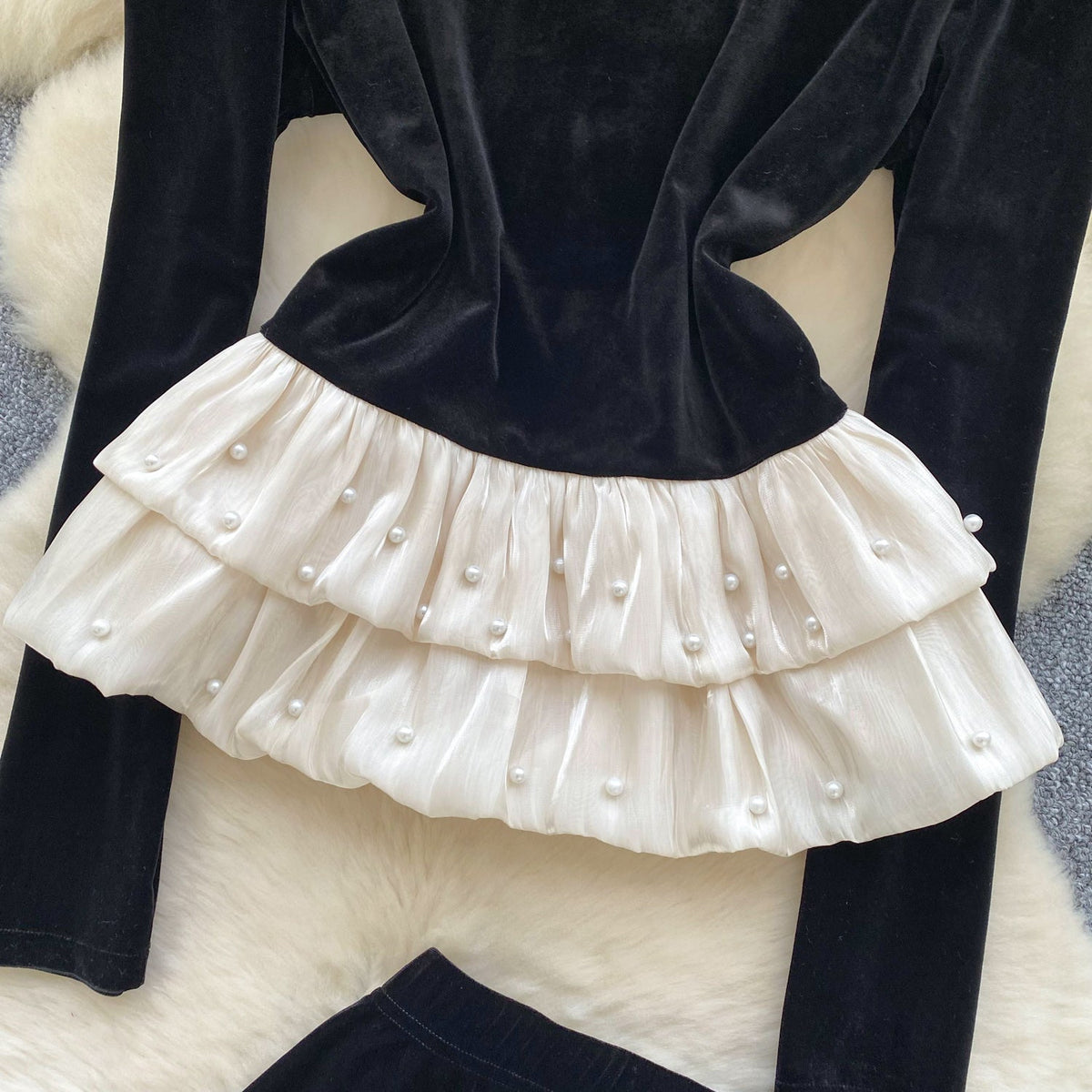 Beaded Ruffled Top & Suede Skirt 2Pcs