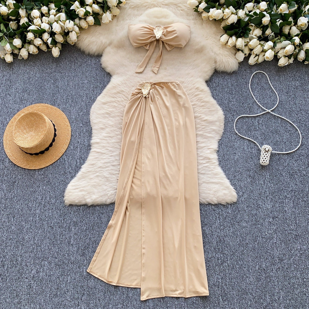 Lace-up Top & High-cut Skirt 2Pcs