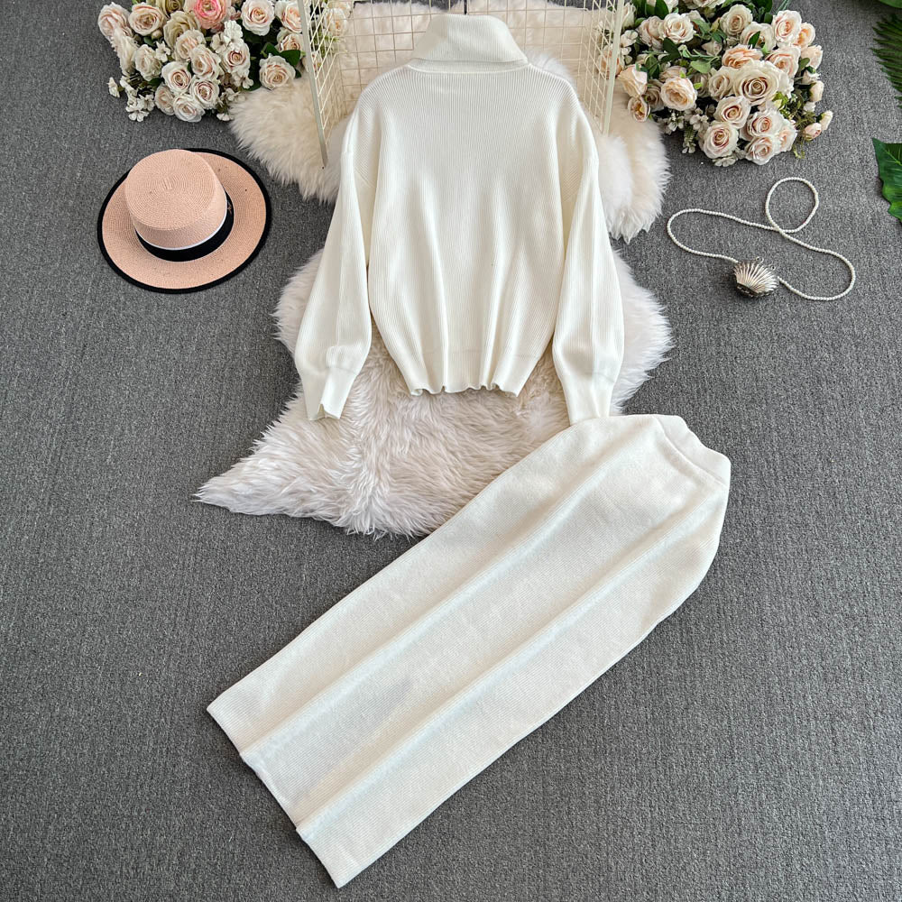 Turtleneck Sweater&Split Skirt 2Pcs