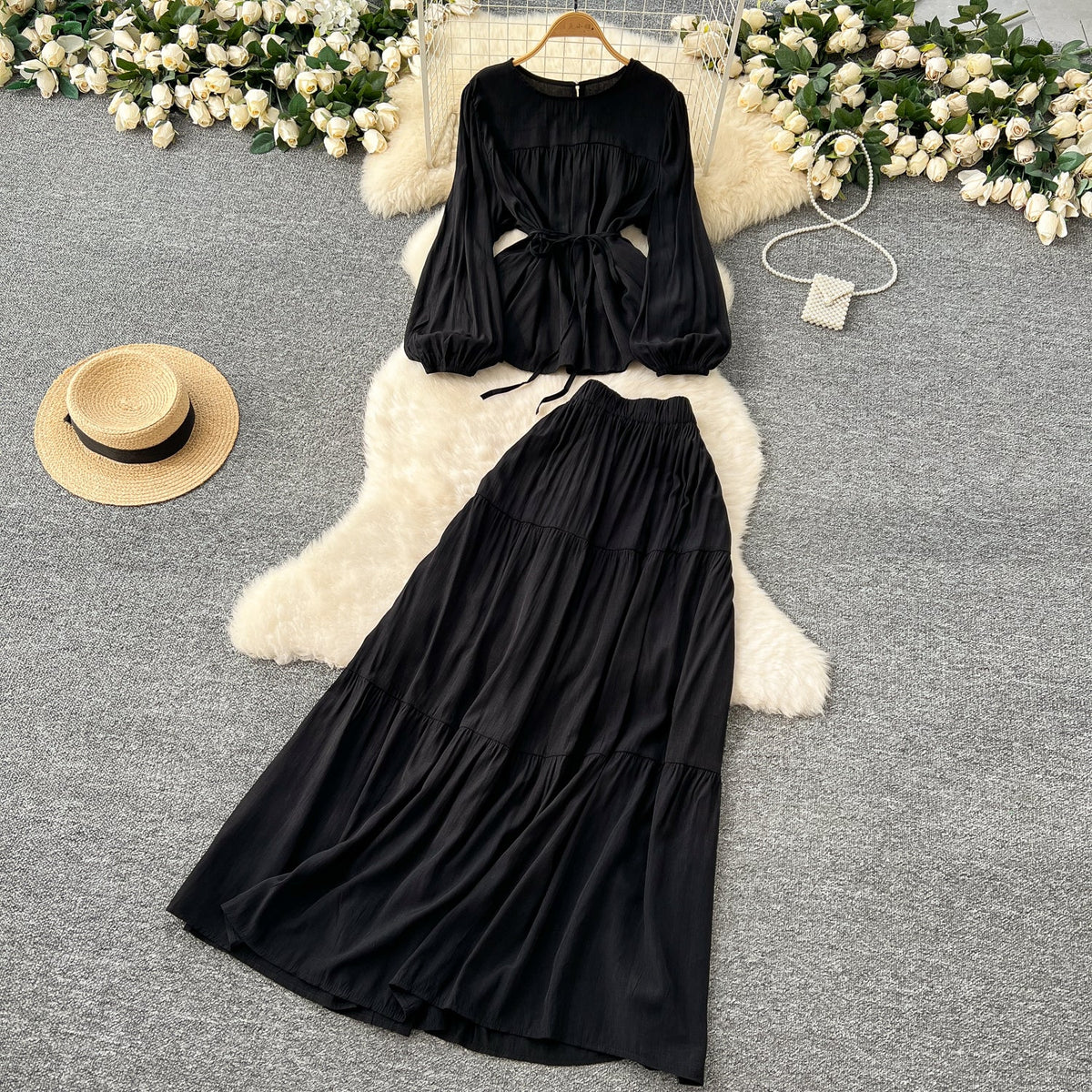 Lace-up Top & Draped Skirt 2Pcs