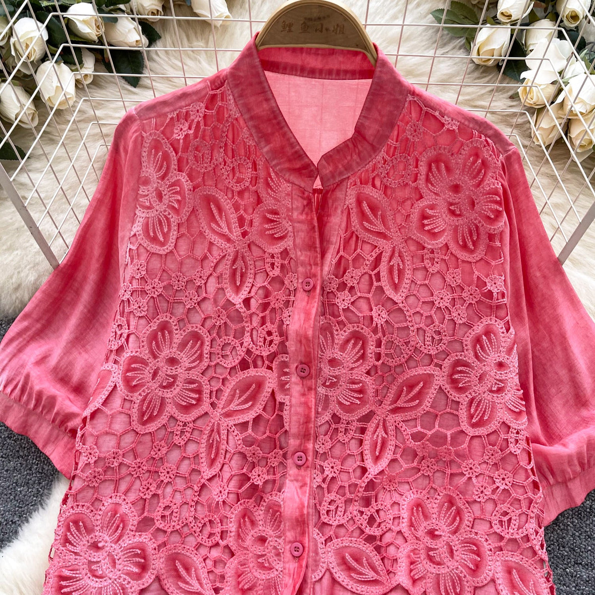 Premium Hollowed Embroidery Lace Shirt