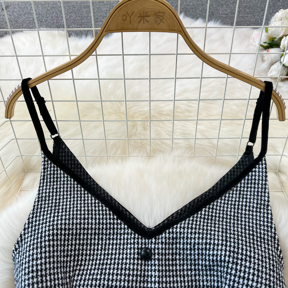 Elegant Houndstooth Tweed Slip Jumpsuits