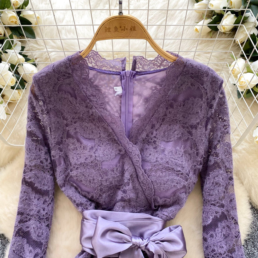 V-neck Embroidered Flocked Lace Dress