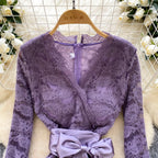 V-neck Embroidered Flocked Lace Dress