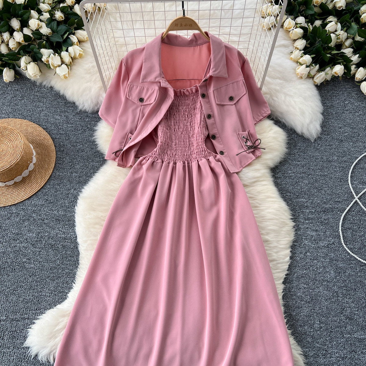 Short Shirt&Pleated Slip Dress 2Pcs