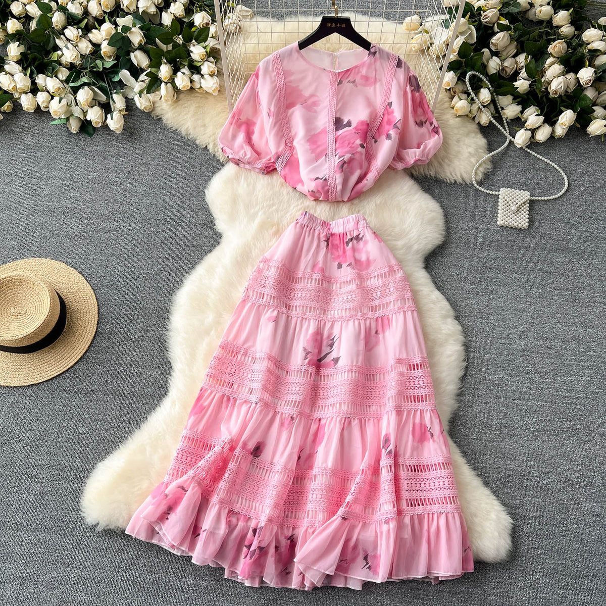 Top&Half-body Skirt Floral 2Pcs