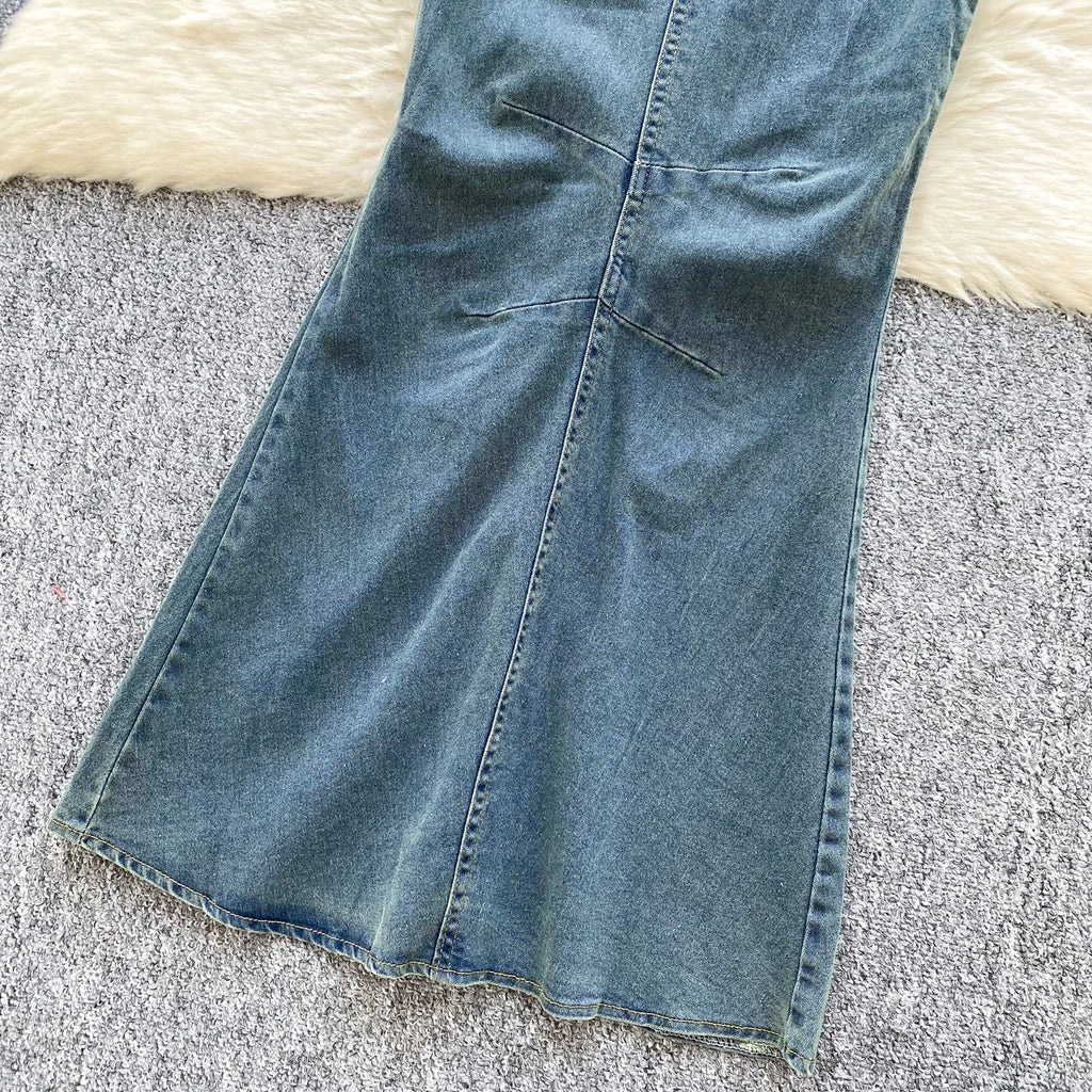 Vintage Denim Shirt & Fishtail Skirt 2Pcs