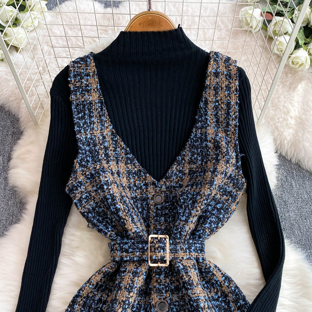 Black Sweater & Plaid Tweed Dress 2Pcs