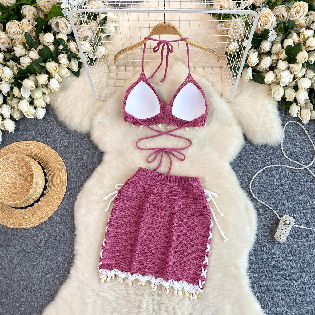 Fringed Halter Top&Skirt Knitted 2Pcs