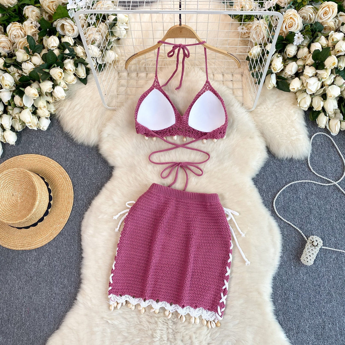 Fringed Halter Top&Skirt Knitted 2Pcs