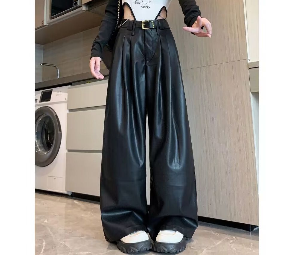 Vintage Draped Brown PU Leather Pants