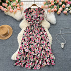 V-neck Elastic Waist Floral Dress