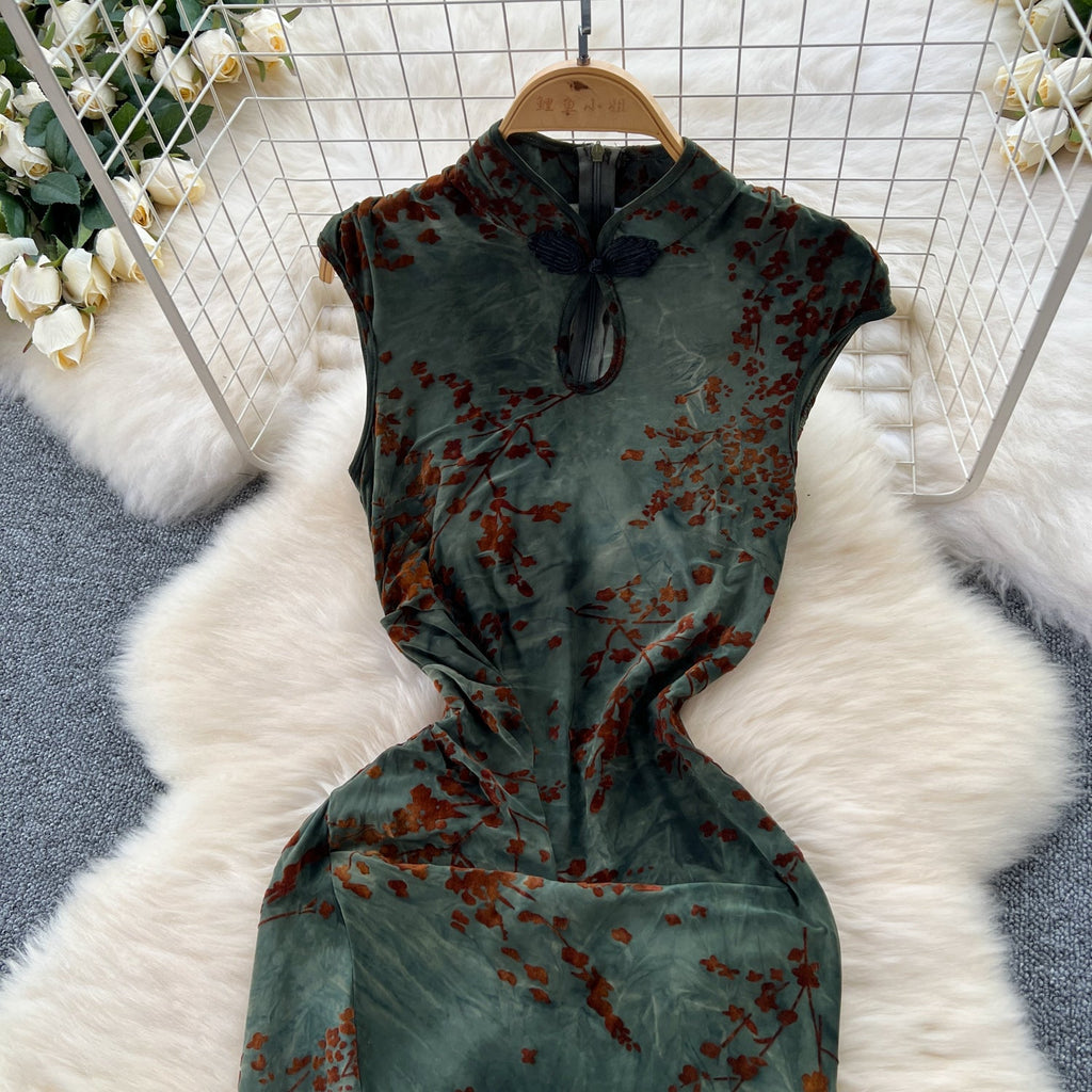 Vintage Tie-dye Floral Hollowed Cheongsam