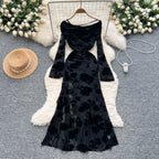 Asymmetric Embroidered Floral Black Dress