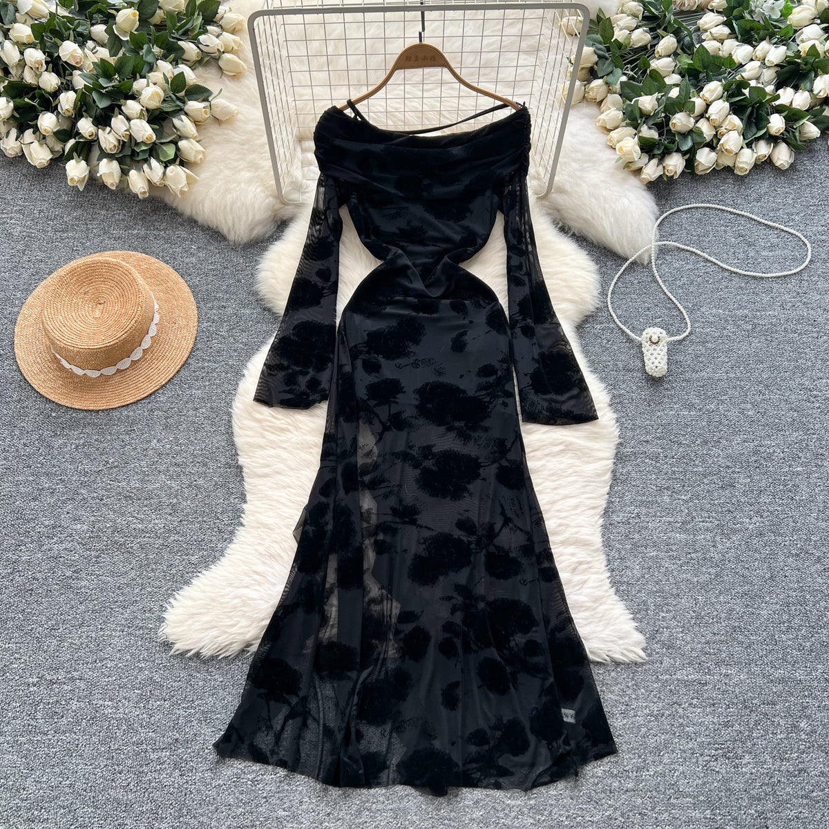 Asymmetric Embroidered Floral Black Dress