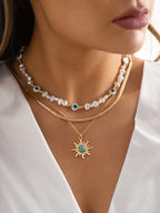 Ethnic Style Special-Shaped Imitation Pearl Bead Necklace Retro Turquoise Sun Eye Necklace