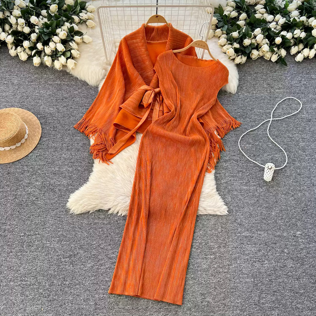 Beaded Fringed Cardigan & Vest Dress 2Pcs