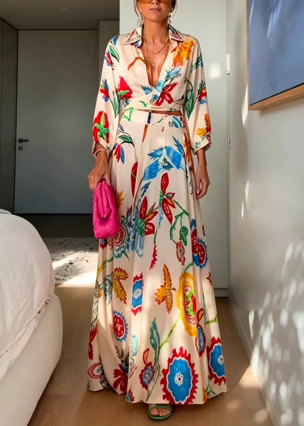 Colorful Floral Tie‑Front Shirt & Maxi Skirt Set Women Cutout Long Sleeve Two‑Piece Outfit