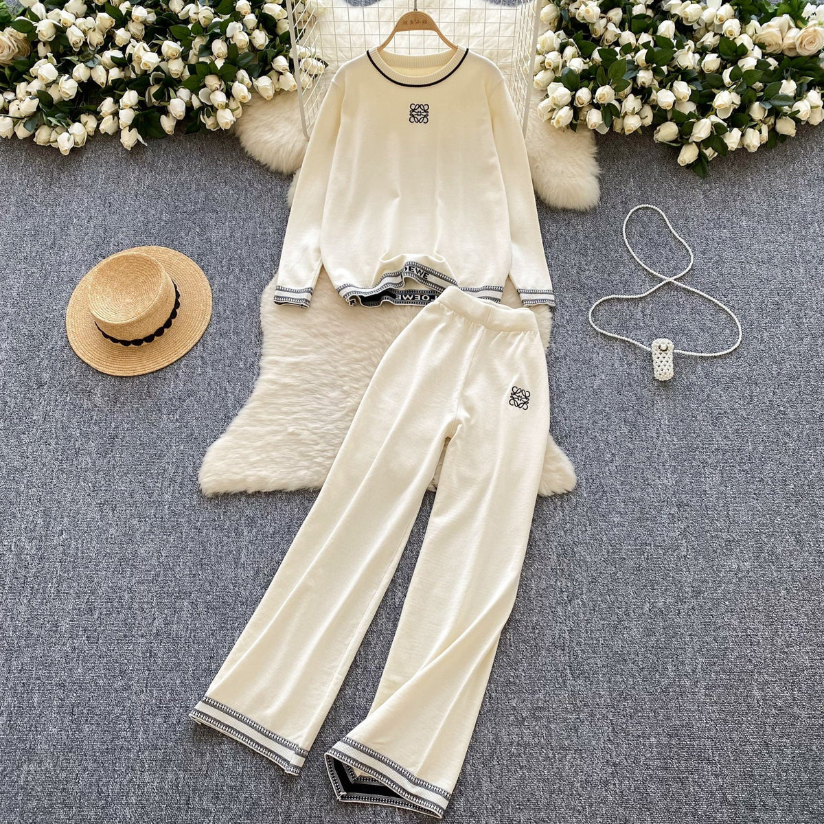 LOGO Embroidered Sweater&Trousers 2Pcs