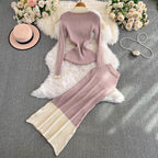 Sweater&Skirt Color-blocking Knitted 2Pcs