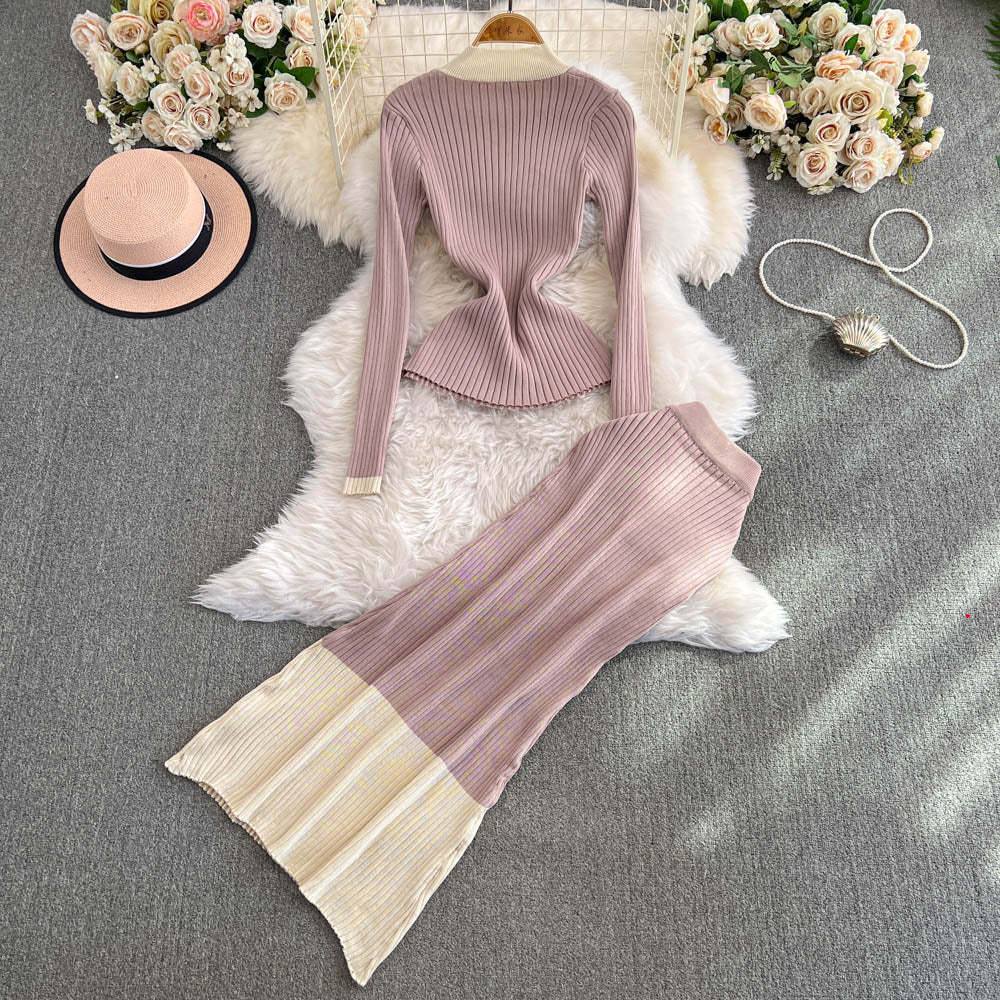 Sweater&Skirt Color-blocking Knitted 2Pcs