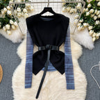 Patchwork Mesh Top&Black Skirt 3Pcs