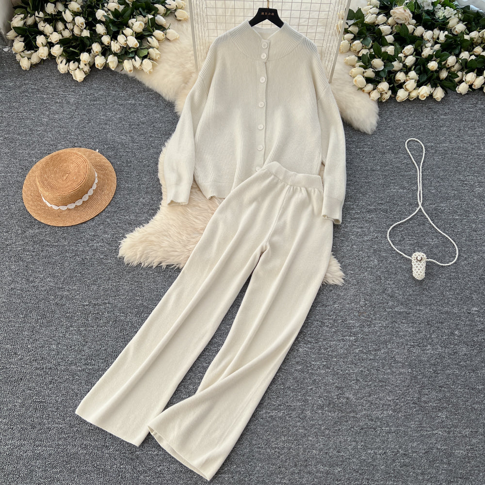 Turtleneck Cardigan&Wide-leg Trousers 2Pcs