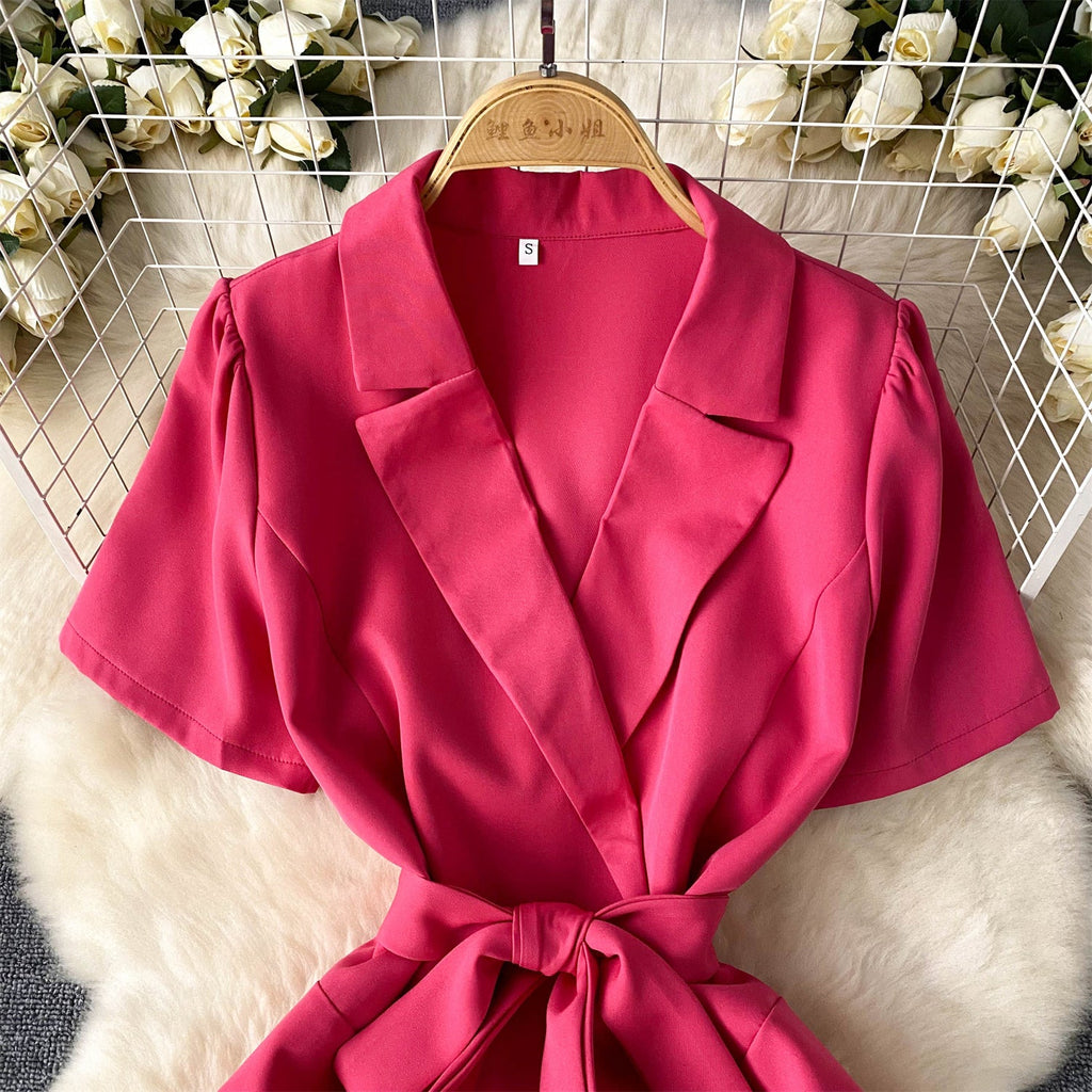 V-neck Suit Collar Lace-up Dress