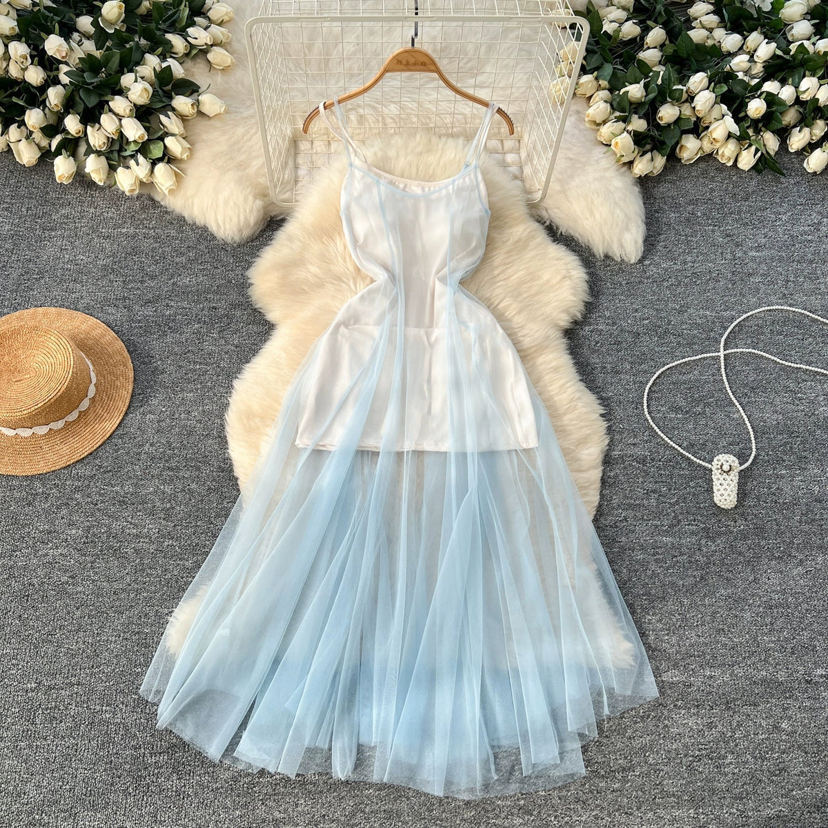 Blue Mesh Outwear & Slip Dress 2Pcs