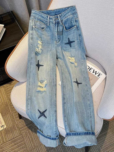 Vintage Star Embroidered Ripped Jeans