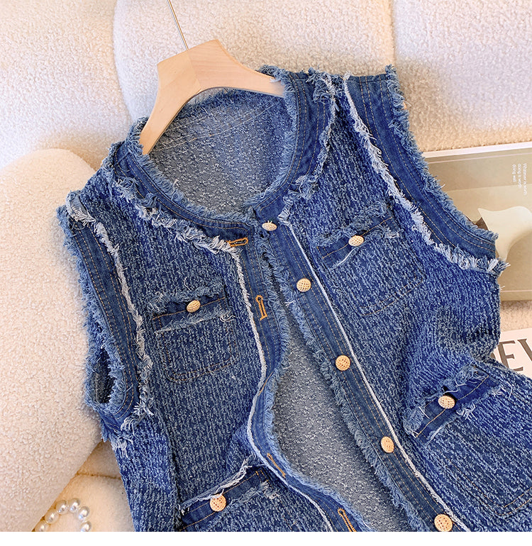 Niche Furry Denim Sleeveless Jacket
