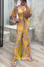 Off‑Shoulder Floral Print Pleated Maxi Dress Rhinestone Split Formal Evening Gown