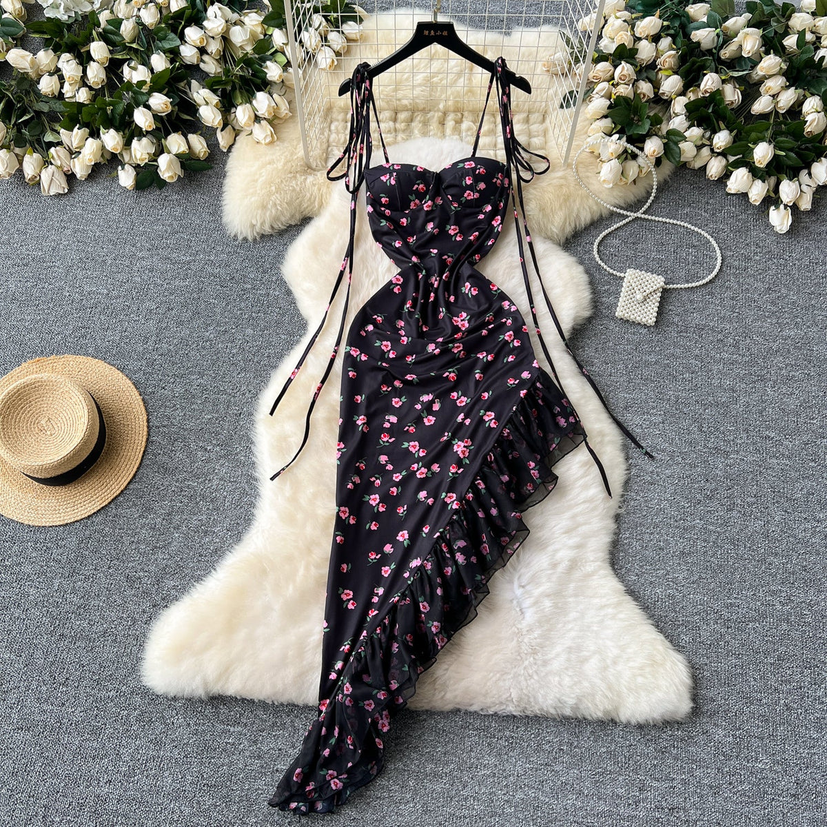 Asymmetric Mesh Floral Black Dress