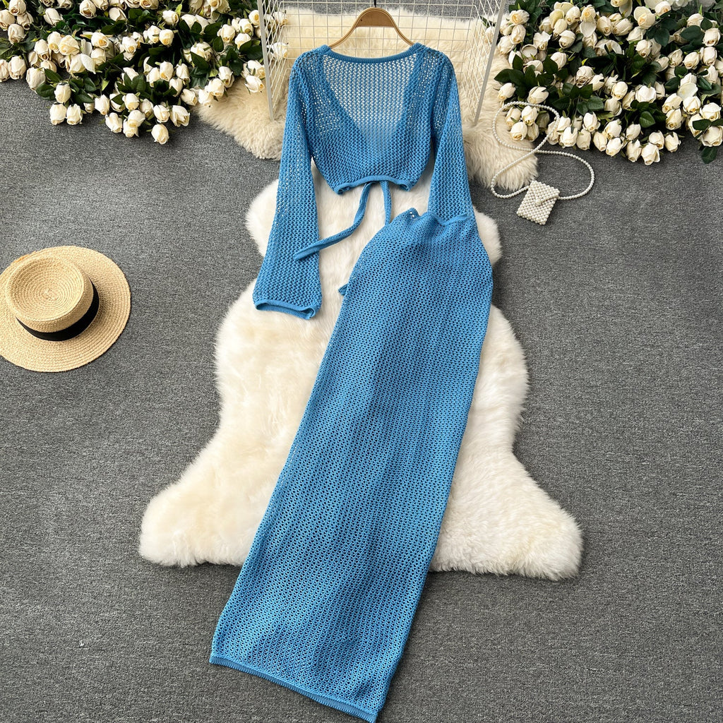 V-neck Knitwear&Skirt Hollowed 2Pcs