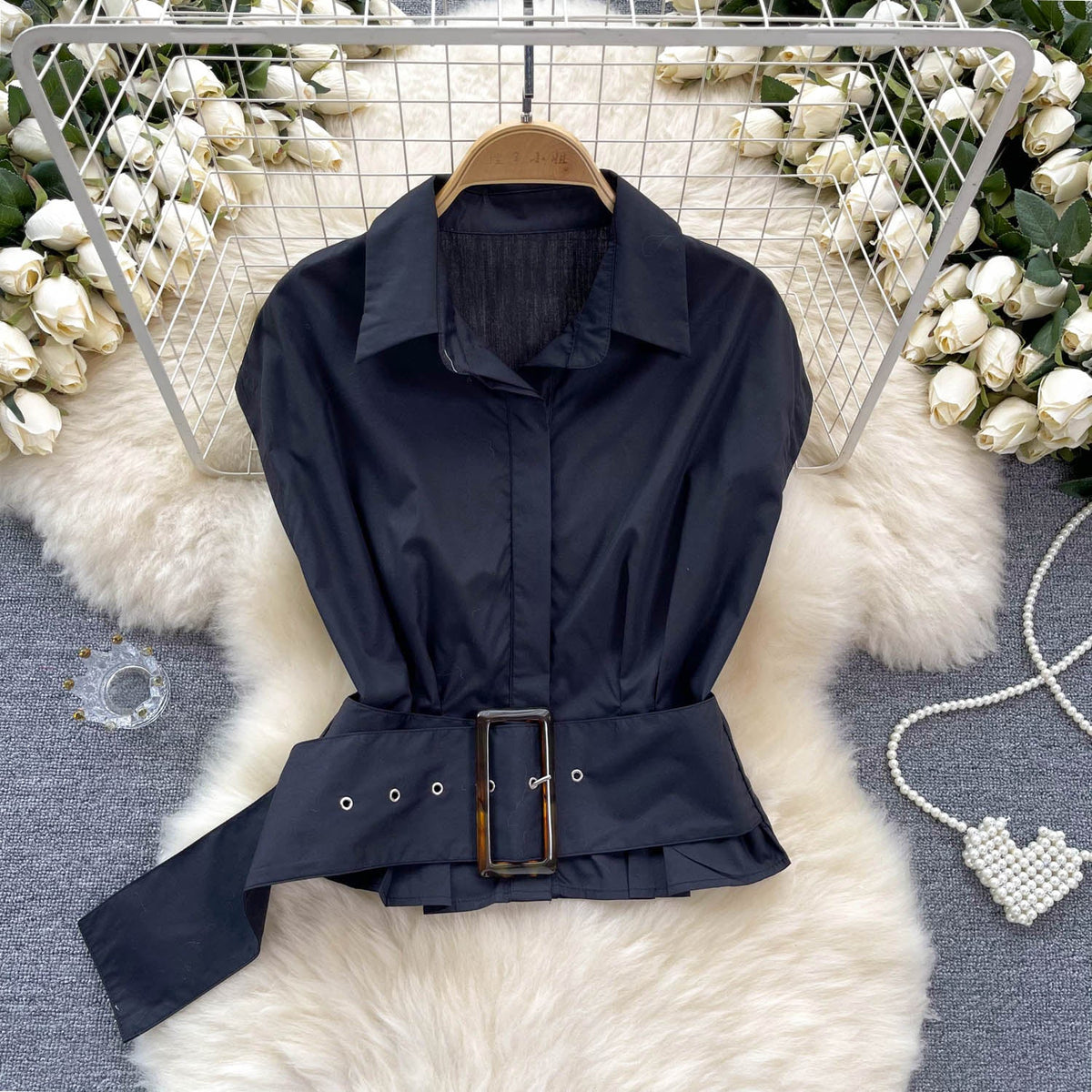 Niche Lapeled Sleeveless Shirt with Belt