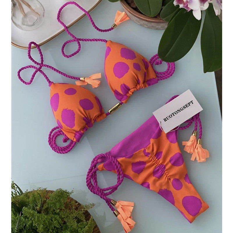 Low Waist Braided Rope Leopard Print Swimwear