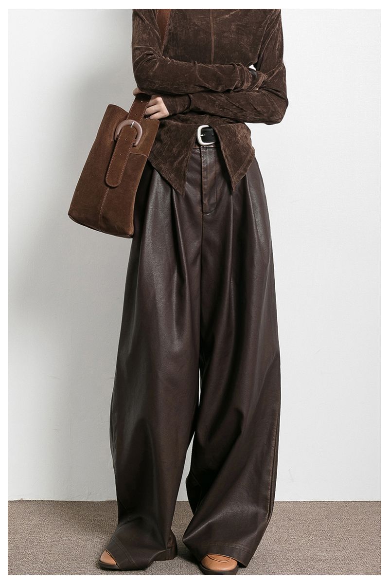 Vintage Draped Brown PU Leather Pants