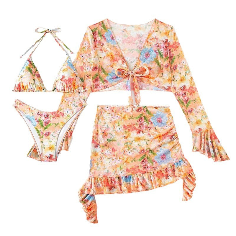 Printed Beach Skirt Bikini 4-pcs Swimsuit