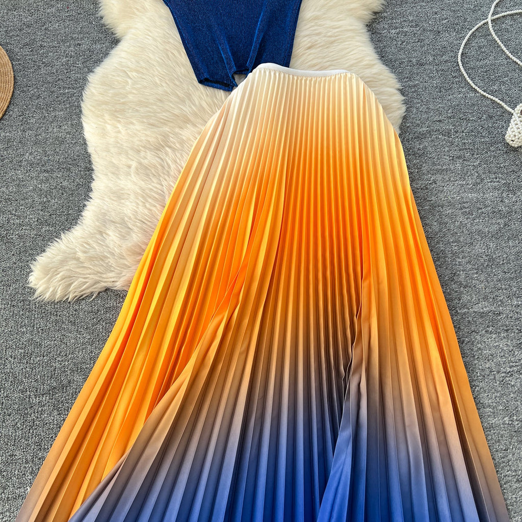 Pleated Top & Skirt Gradient Color 2Pcs