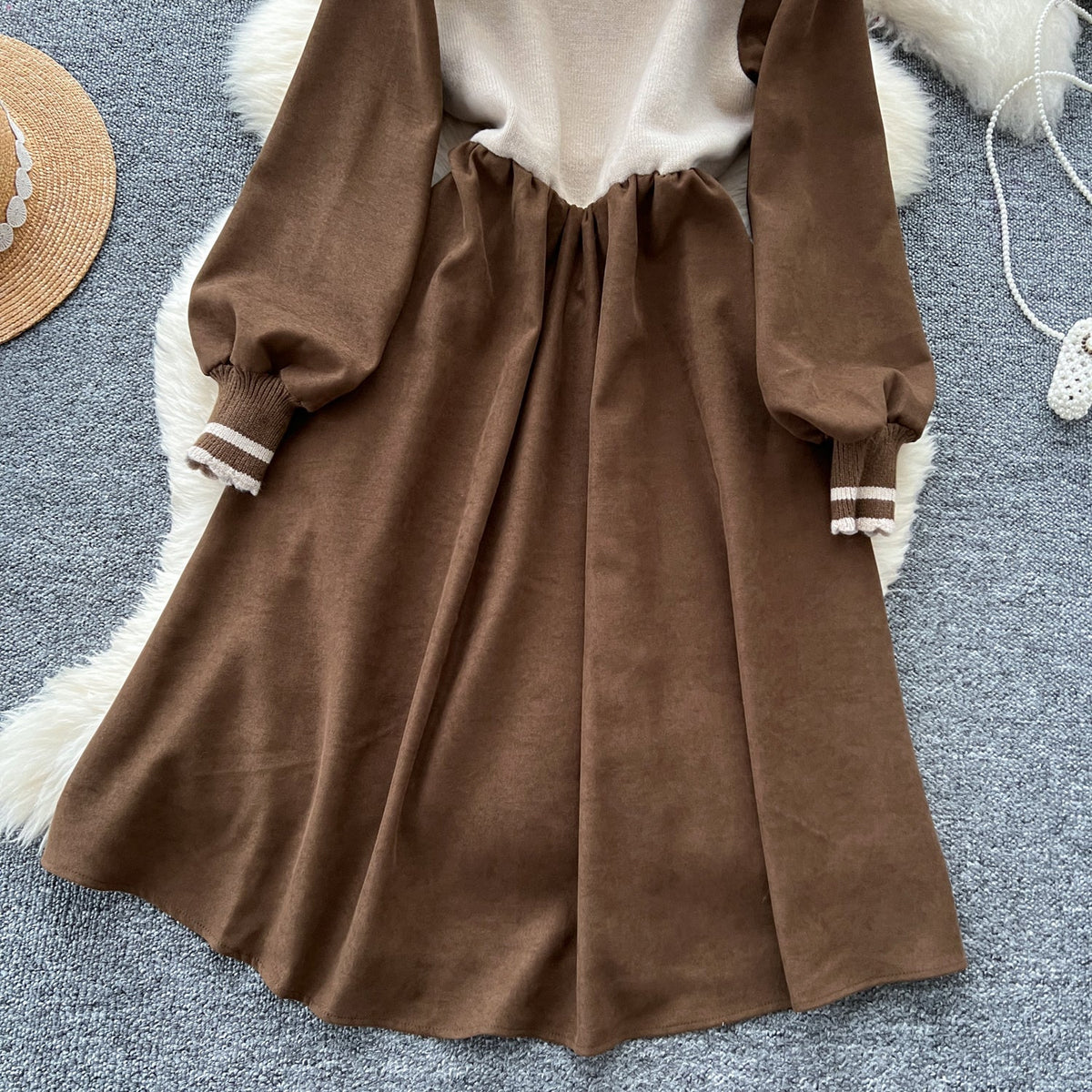 Vintage Knot Button Knit Patchwork Dress