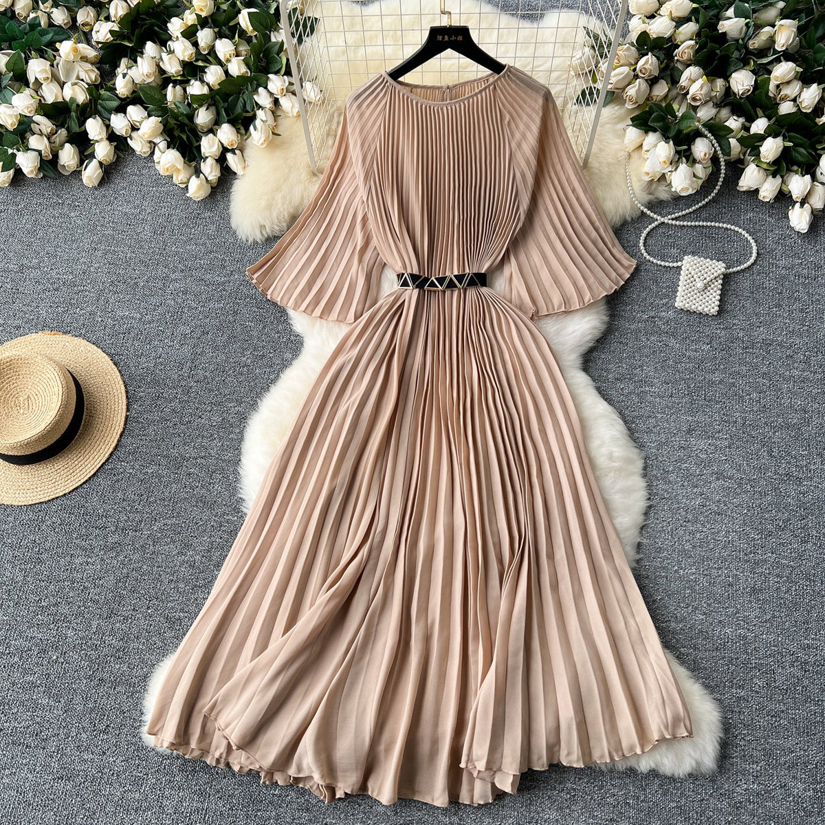 Vintage Solid Color Pleated Dress