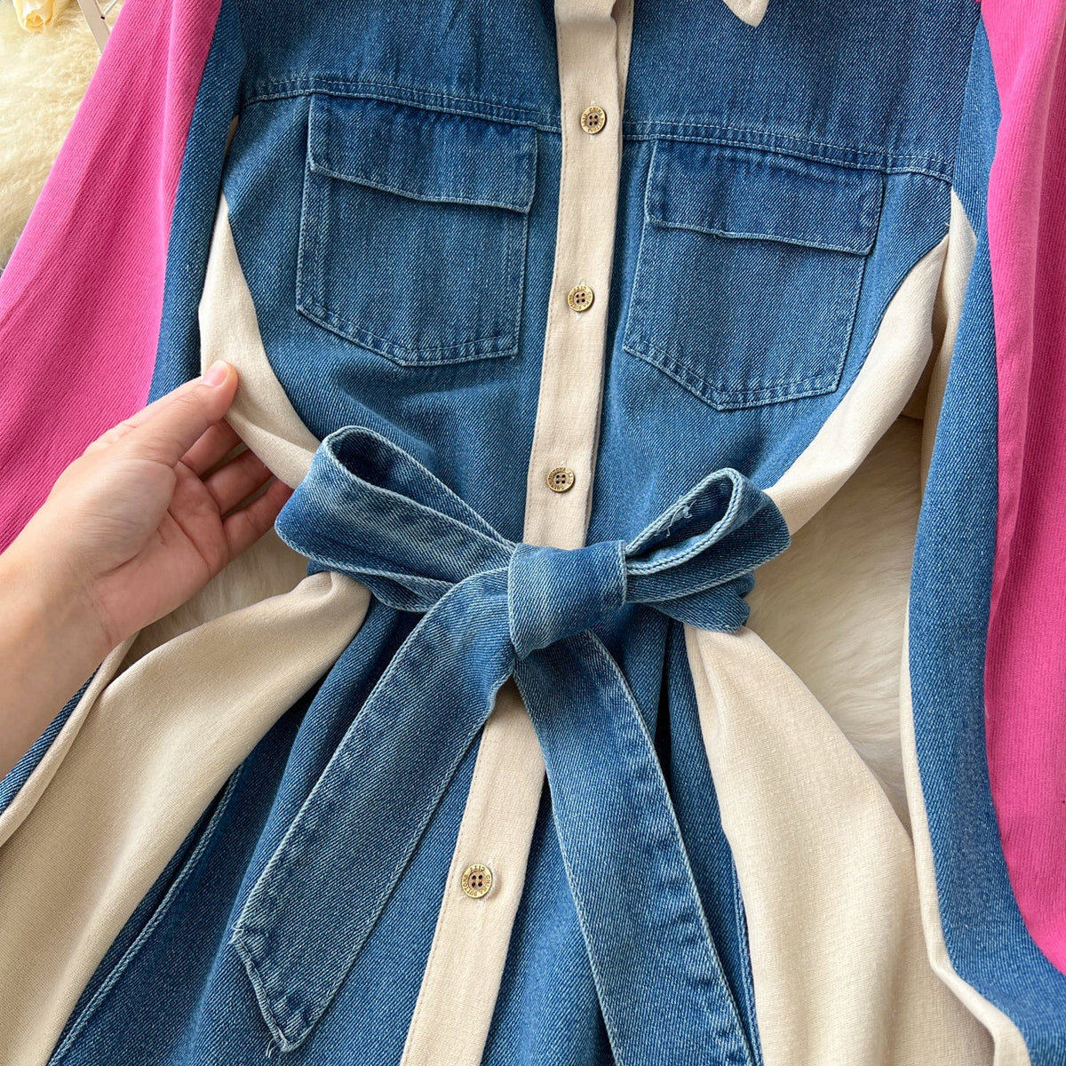 Vintage Lace-up Denim Patchwork Shirt Dress