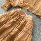 V-neck Shirt&Skirt Lace Patchwork 2Pcs