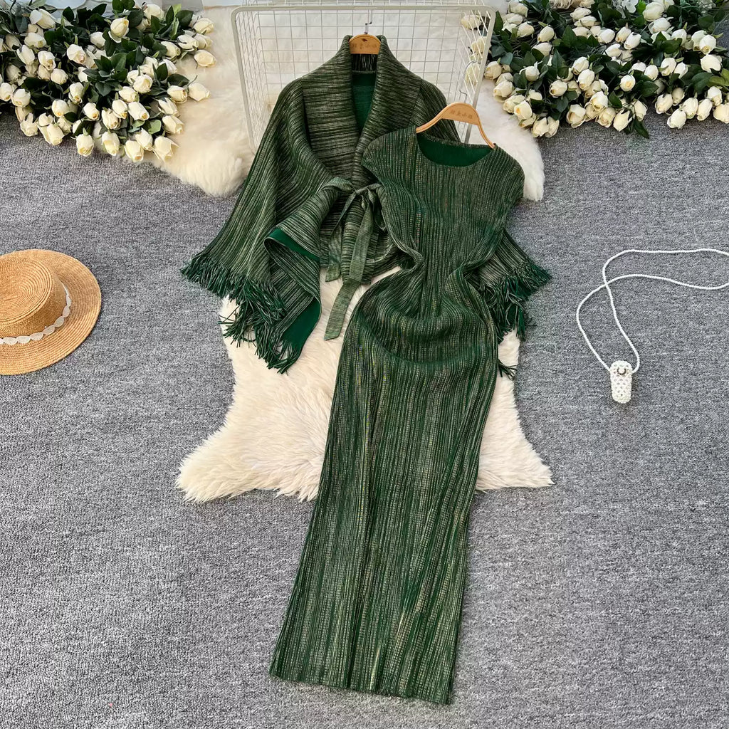Beaded Fringed Cardigan & Vest Dress 2Pcs
